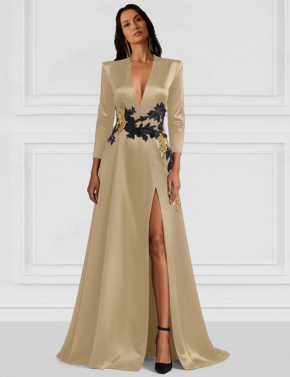 Robe de soirée A-Ligne Élégante Robe de mariage Robe longue de cérémonie Manches longues Col en V Satin extensible avec perles en strass de 2025 ? $149.99 –P4