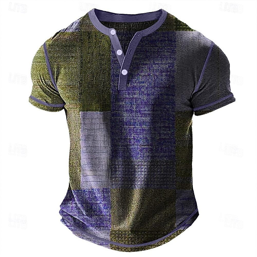 Herre Geometrisk Lapper Henly-skjorte Vaffel T-skjorte Kortermet Daglig Retro / vintage Klassisk Sport & Utendørs Avslappet Ferie Vår sommer Blå Grønn Lilla Brun Grå Henley Henley T-skjorte 2025 - $22.99 –P5
