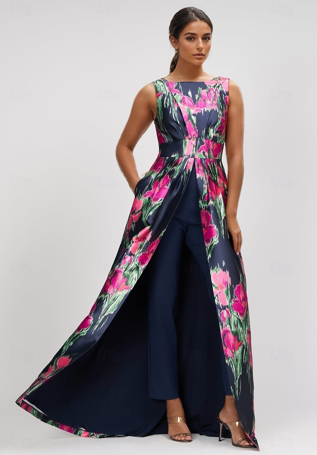 Jumpsuits A-Linie Abendkleid Elegantes Kleid Formelle Hochzeitsgast Bodenlange Ärmellos Boot-Ausschnitt Satin mit Blumenmuster Tasche 2025 - $157.99 –P1