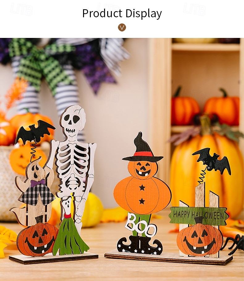 2 stk. halloween-skjelett i tre som borddekorasjon, fjærende hodeskalle med gresskar og flaggermus, skummel bordpynt til halloween-festdekorasjon 2025 - $9.99 –P7