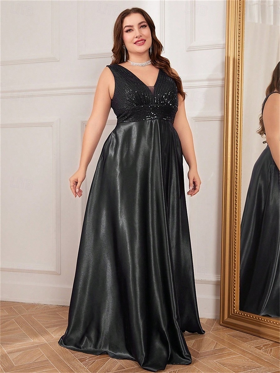 A-Line Plus Size Dresses Elegant Curve Dress Formal Wedding Floor Length Sleeveless V Neck Satin V Back with Pleats 2025 - $119.99 –P6