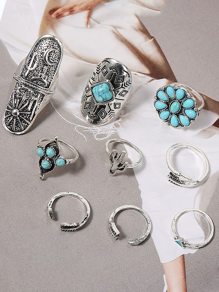 Women's Boho Vintage Turquoise Ring Set – 9-Piece Antique Silver Adjustable Midi Rings for Gypsy Festival, Beachwear and Casual Styling 2025 - $11.99 –P4