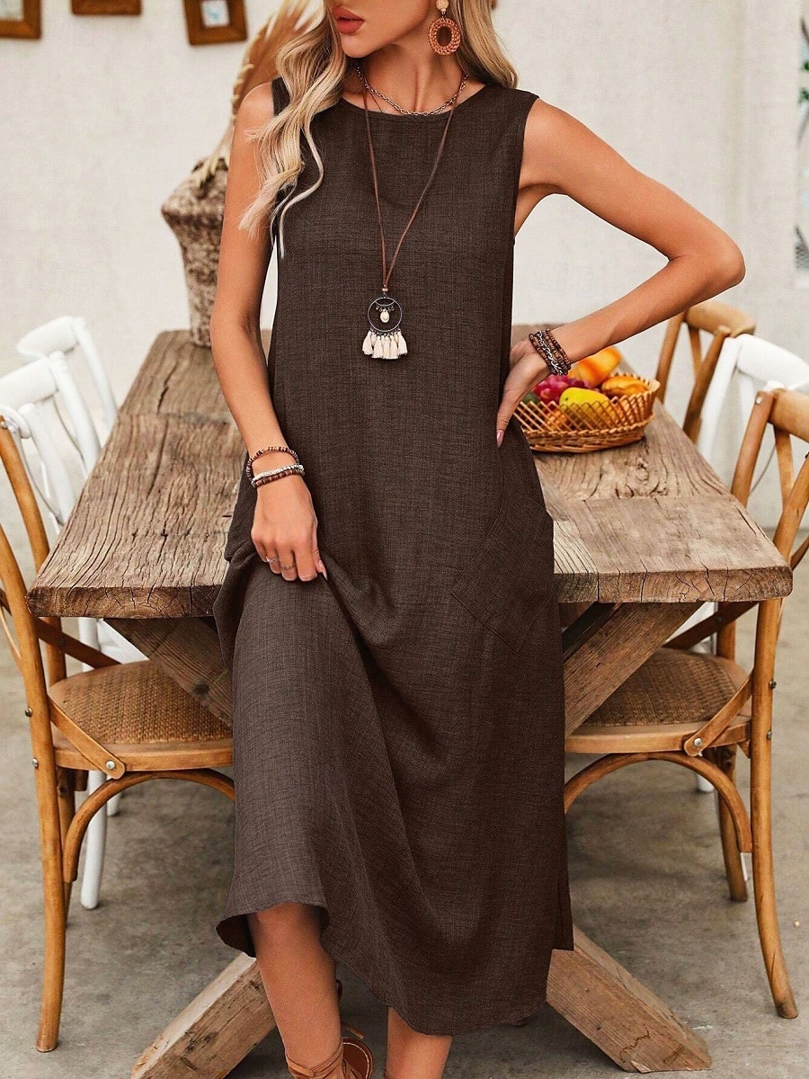 Damen Maxikleid A Linie Kleid Sommerkleid Lässig Täglich Normale Passform Einfach Ärmellos Rundhalsausschnitt Wein Blau Braun Grün Sommer 2025 - $24.99 –P26