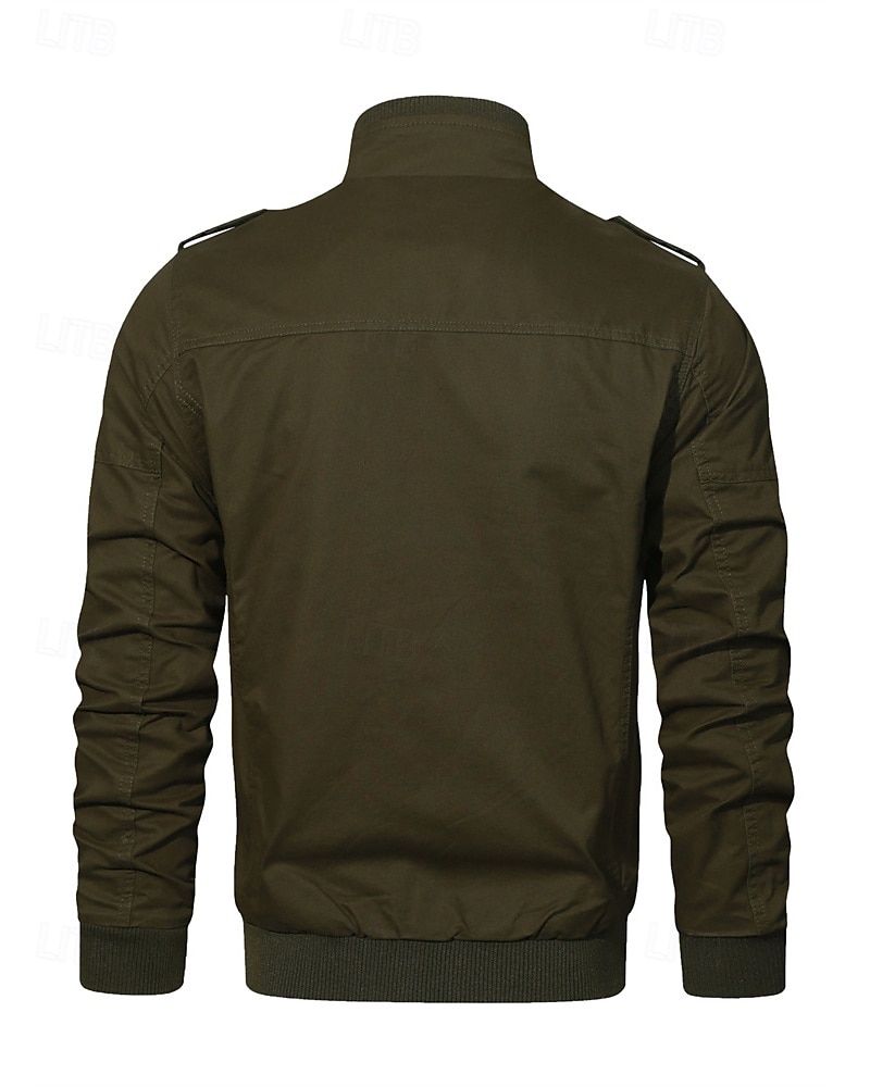 Men's Trucker Jacket Cargo Jacket Casual Jacket Vacation Daily Pocket Spring Fall Plain Fashion Classic Stand Collar Regular Black Khaki Army Green Jacket 2025 - $53.99 –P15