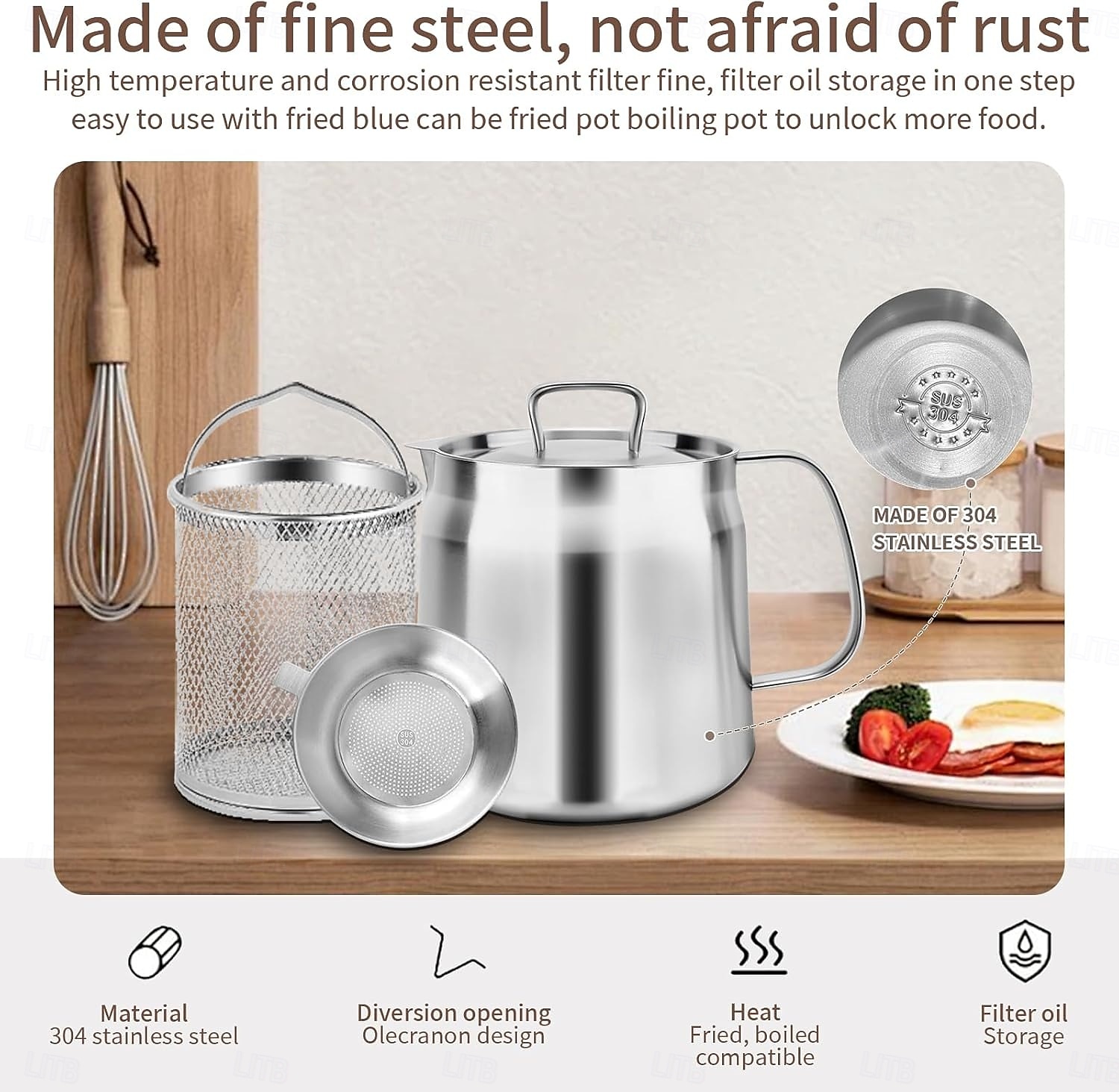 Panela de óleo de aço inoxidável 304 de 1,5 l/2 l com filtro, recipiente de gordura essencial para fritura profunda, filtro de óleo versátil de grande capacidade e multifuncional para fritar, ferver e de 2025 por $33.99 –P9
