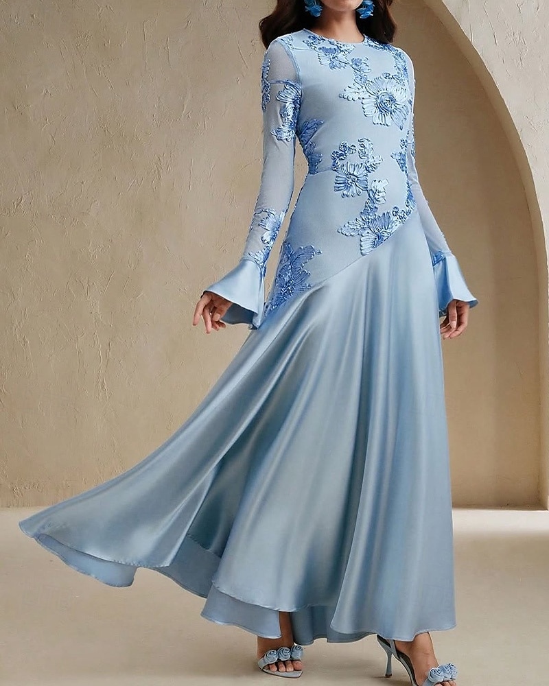 Blauer Bogen Spitze A-Linie Abendkleid Elegantes Kleid Formelles Hochzeitskleid Bodenlang Lange Ärmel Rundhals Stretchmaterial 2025 - $135.99 –P1