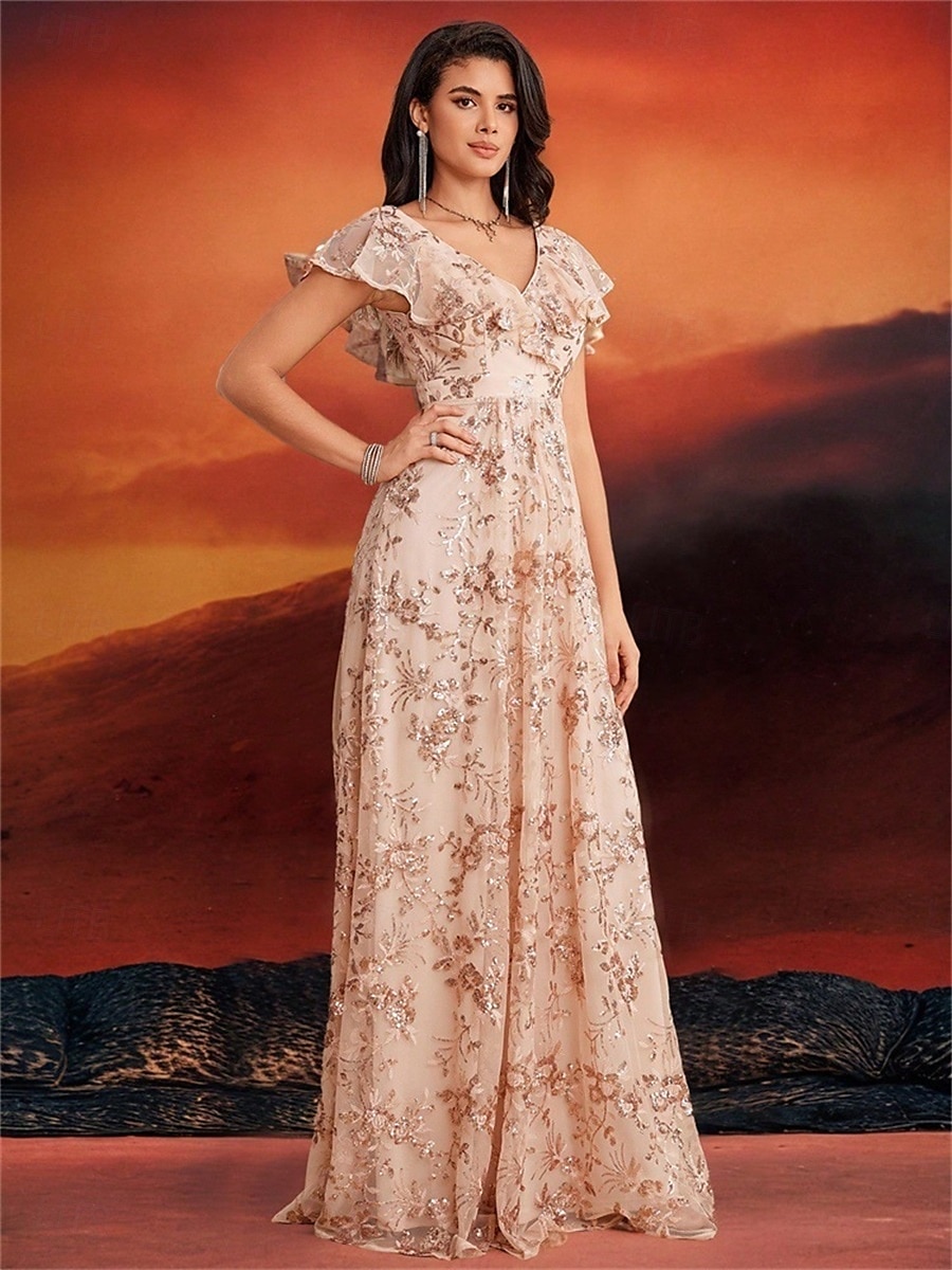 Robes de quinceanera en forme A Robe élégante Robe de mariage formelle longueur sol manches courtes col en V sequins dos en V avec sequins de 2025 ? $109.99 –P3