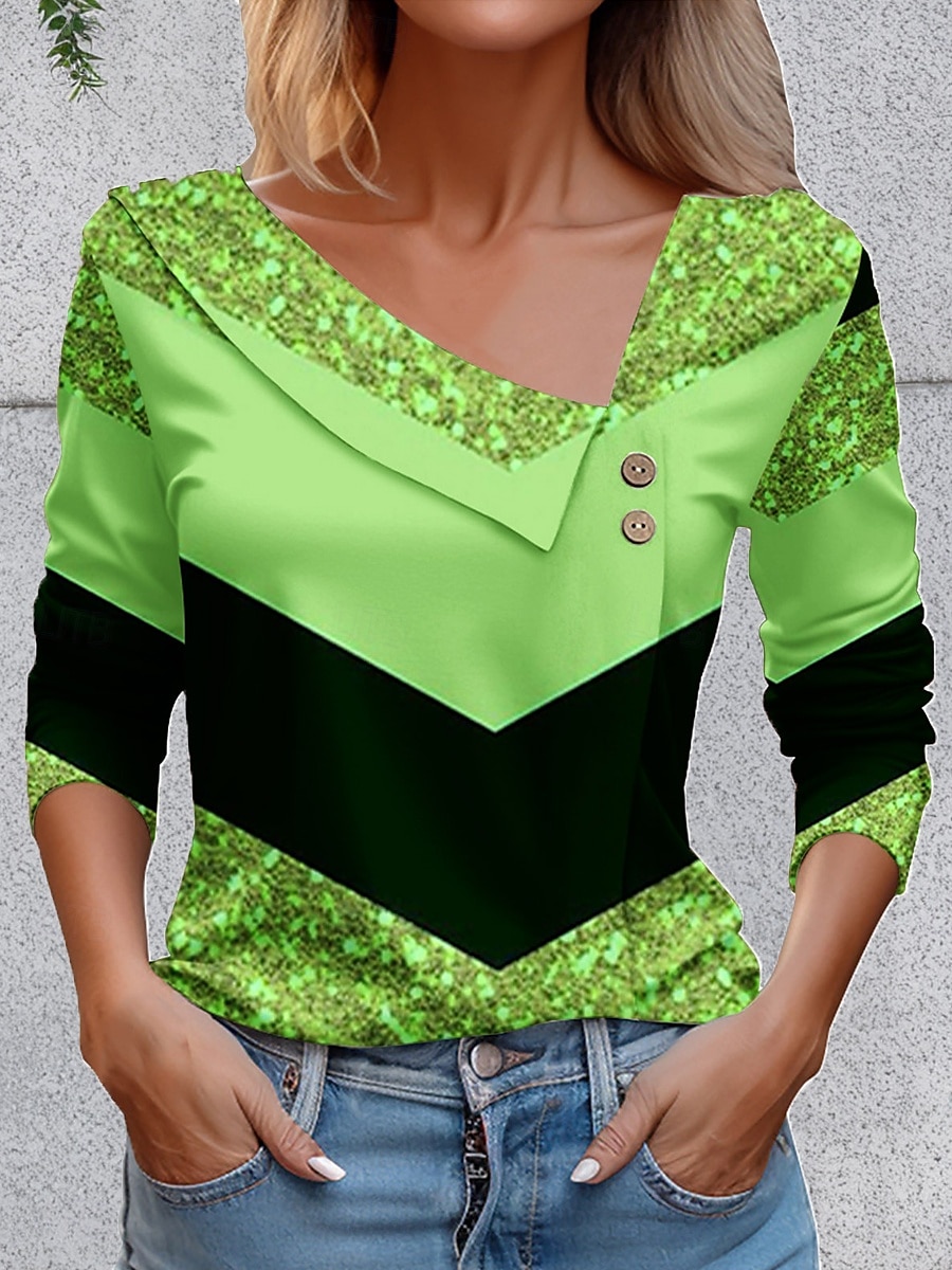 Dame T skjorte Grafisk Geometrisk Årgang Stilfull Grunnleggende Langermet Asymmetrisk hals Vanlige topper Daglig Ut på byen Helg Knapper Rosa Blå Lilla Grønn Sommer Vår 2025 - $22.99 –P2
