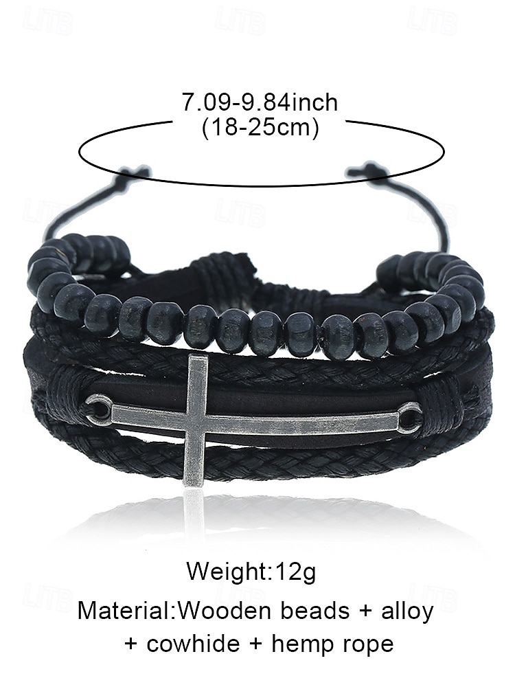 Men’s Gothic Cross Leather Beaded Bracelet – Vintage Multilayer Wristband for Halloween Parties and Retro Punk Style 2025 - $9.99 –P5