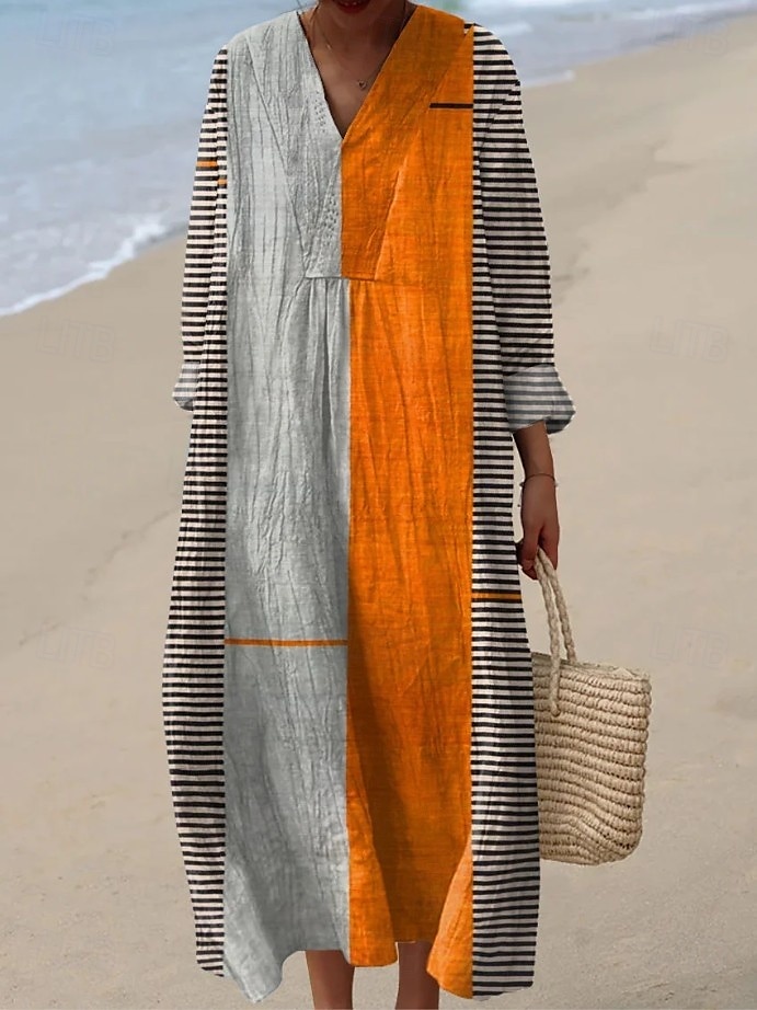 Pentru femei Rochii Midi Rochie de Vară Rochie A line Vacanță Casual Boho Ieșire Plajă Potrivire Largă Grafic Geometric Dunga Manșon Lung În V Negru Portocaliu Trifoi Gri Deschis Vară Primăvară 2025 - $35.99 –P1