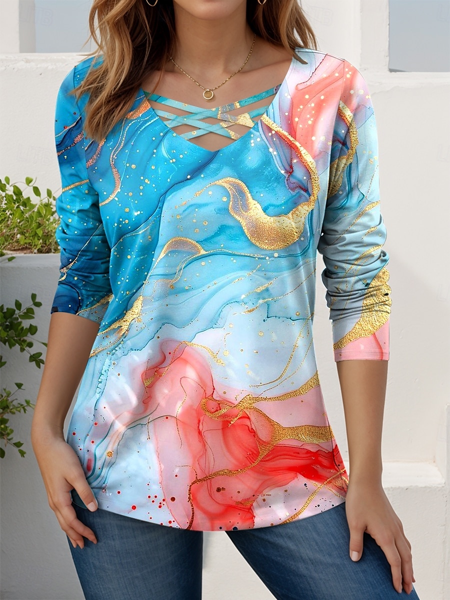 Femmes T-shirt Graphique Abstrait ancien Élégant Occasionnel manche longue Col en V Hauts Réguliers Quotidien Découpé Imprimé Bleu Violet Vert Printemps Automne de 2025 ? $23.99 –P1