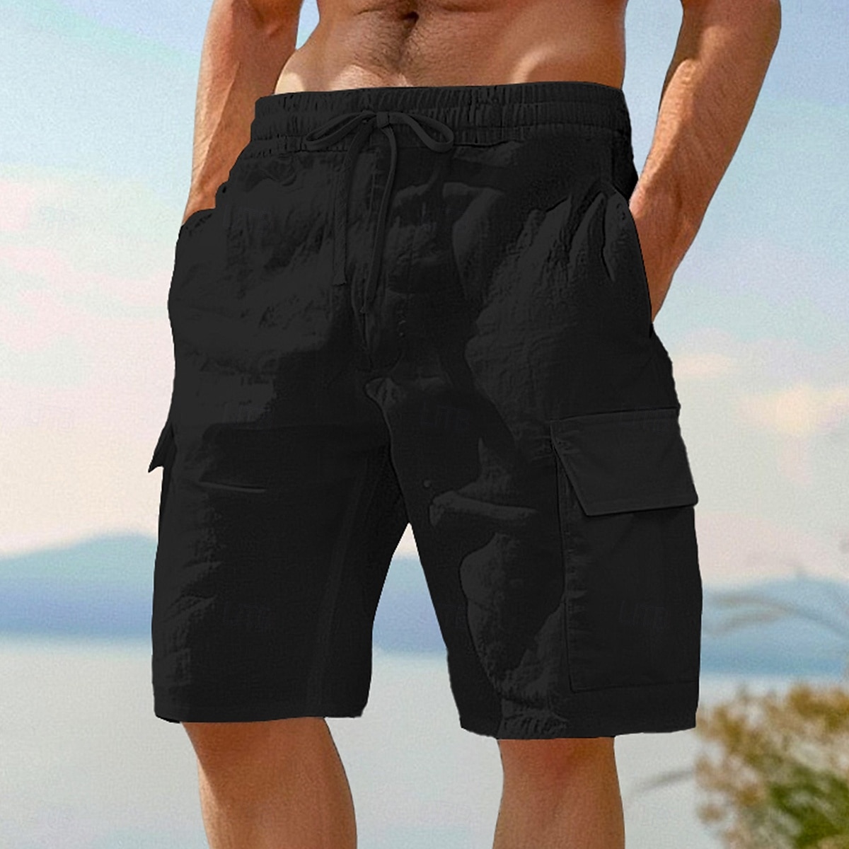 Homens Bermuda Cargo Calção Shorts de linho Shorts de verão Shorts de praia Cintura elástica Com Cordão Bolso multi Tecido Comprimento do joelho Ao ar livre Praia Férias Havaiana Preto Branco Sem de 2025 por $22.99 –P10