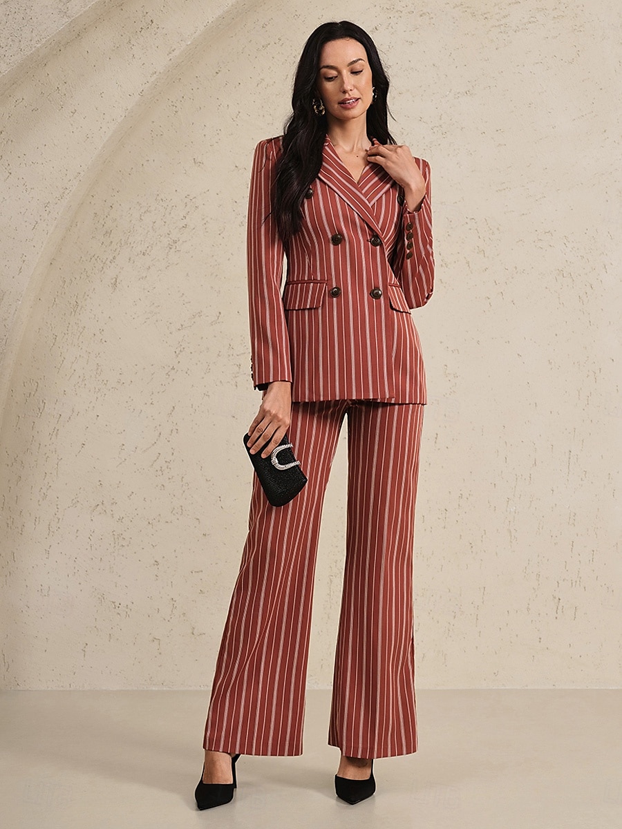 Blazer à rayures pantalons Deux pièces Mère de la Mariée Pantalon Classique Vintage Simple Col V Col Cranté Longueur de Sol Manches Longues avec Poches à Rabat de 2025 ? $129.99 –P2
