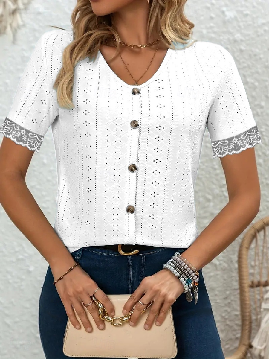 Mulheres Camisa de renda Côr Sólida à moda Casual Estilo Praia Manga Curta Decote V Tops regulares Diário Renda Patchwork Botões Branco Azul Céu Verão de 2025 por $17.99 –P6