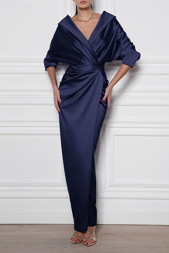 Meerjungfrau  Trompeten Brautmutter Kleid Elegantes Einfaches Minimalistisches V-Ausschnitt Portrait-Kragen Bodenlang Stretch-Satin Halblange Ärmel mit gerafften Details und Schlitz 2025 - $143.99 –P1