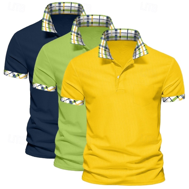 Camisa polo masculina de 3 peças, cor sólida, xadrez, bloco de cores, camisa de golfe, manga curta, lapela, casual, esportiva e ao ar livre, botões, verão, primavera e outono, verde, azul de 2025 por $45.99 –P2