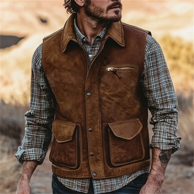 Herren Weste Gilet Outdoor Täglich Vintage Lässig Frühling Herbst Tasche Knöpfe Polyester Bequem Einfach Einreihig Ein-Knopf Revers Normale Passform Braun Weste 2025 - $48.99 –P1