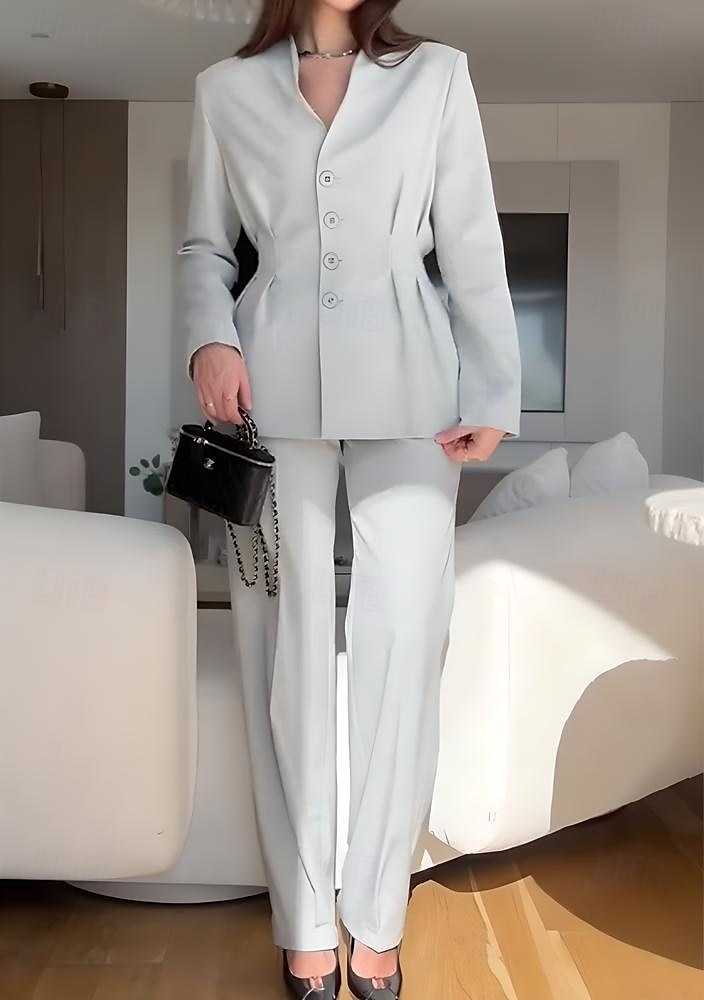 Macacão  Conjunto de Calças 2 Peças Conjunto de Mãe da Noiva Conjunto de Calças com Blazer Sem Gola Elegante Vintage Simples Mangas Longas Comprimento do Chão Calças com Detalhes de Pregas de 2025 por $169.99 –P9