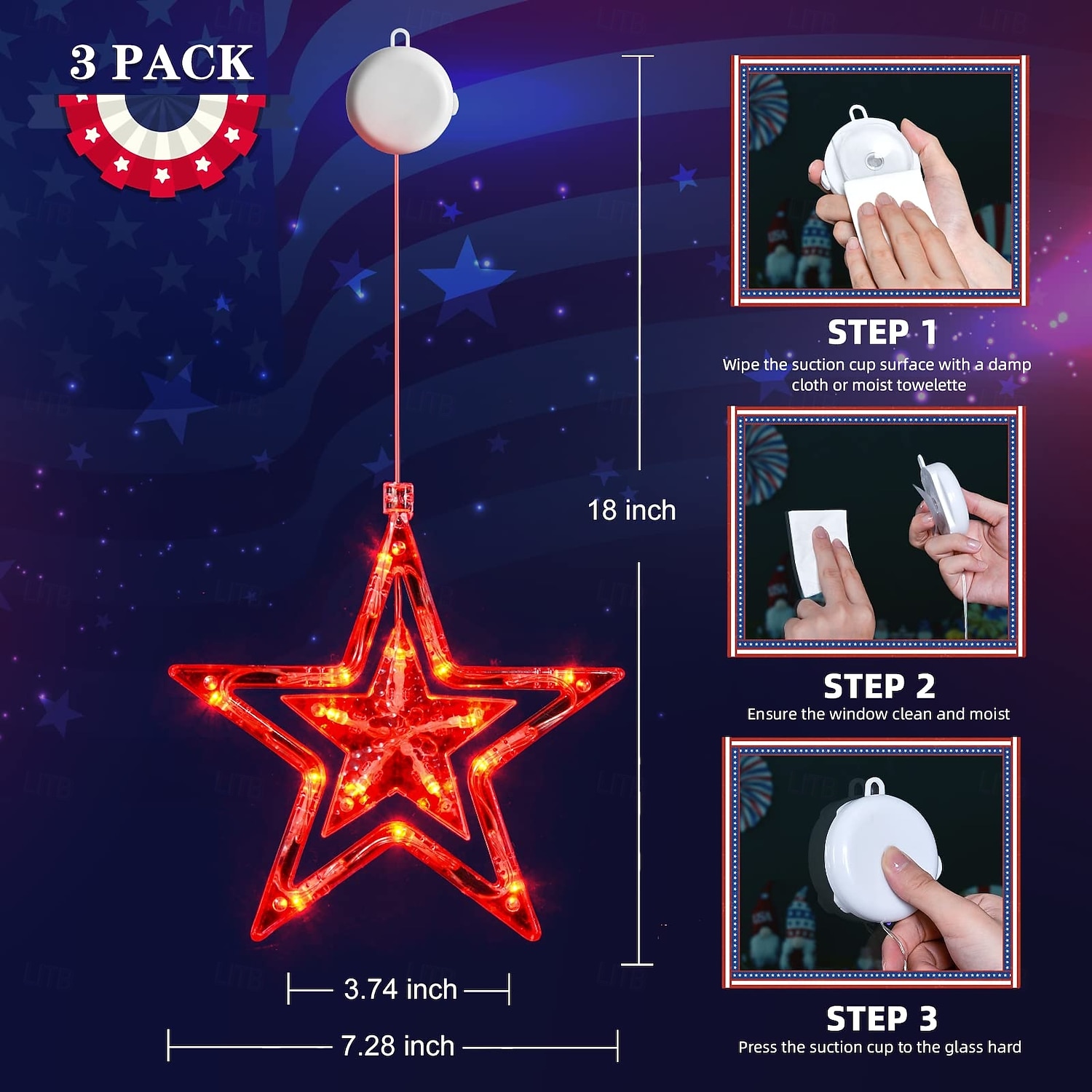 3 Pcs Patriotic Hanging Lights for 4th of July Independence Day 250th Anniversary Memorial Day, Pentagram Suction Cup Decorative Lights Party Patriotic Decorative Lights AAA Battery Box 2026 - $17.99 –P1