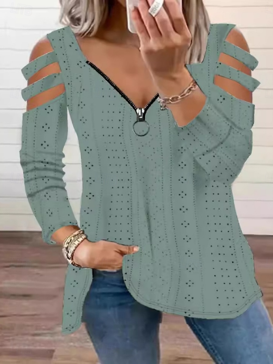Damen Bluse Einfarbig Stilvoll Lässig Langarm V Ausschnitt Normale Oberteile Täglich Ausgehöhlt Reißverschluss Schwarz Weiß Rosa Blau Grün Sommer Frühling 2025 - $19.99 –P5