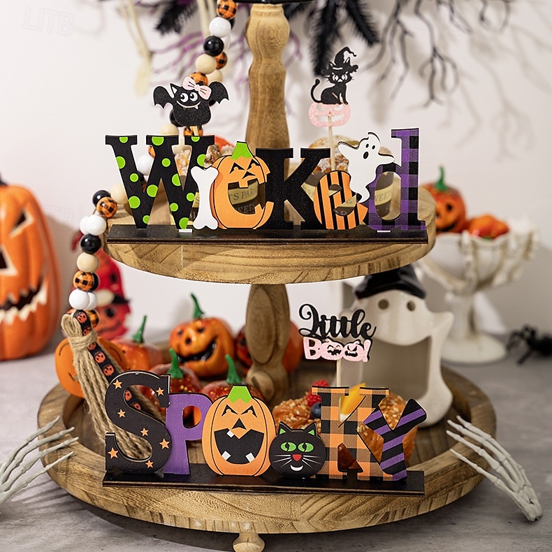 dekoracja na halloween z drewnianym środkiem, upiorny drewniany stojak na litery do ekspozycji na stole halloweenowym, dekoracja na imprezę w nawiedzonym domu DIY 2025 - $8.99 –P4