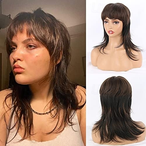 Peruki Mullet dla Czarno-Kobiet Prosta Peruka Wolf Cut Mullet Peruka Warstwowe Mullet Peruki z Grzywką Miękkie Syntetyczne Shag 80s 90s Mullet Peruki dla Kobiet Rocker Cosplay Peruki Halloween 2026 - $24.99 –P3