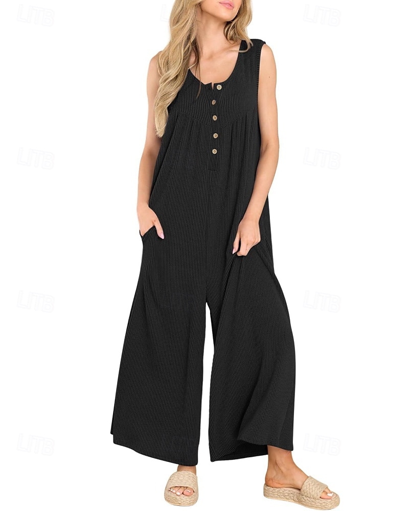 Női Szabályos Jumpsuitek Utcai sikk Tömör szín Ujjatlan U-alakú Gombok Zseb Utca Napi Normál Fekete Sötétkék Medence Nyár 2025 - zł111.96 –P15