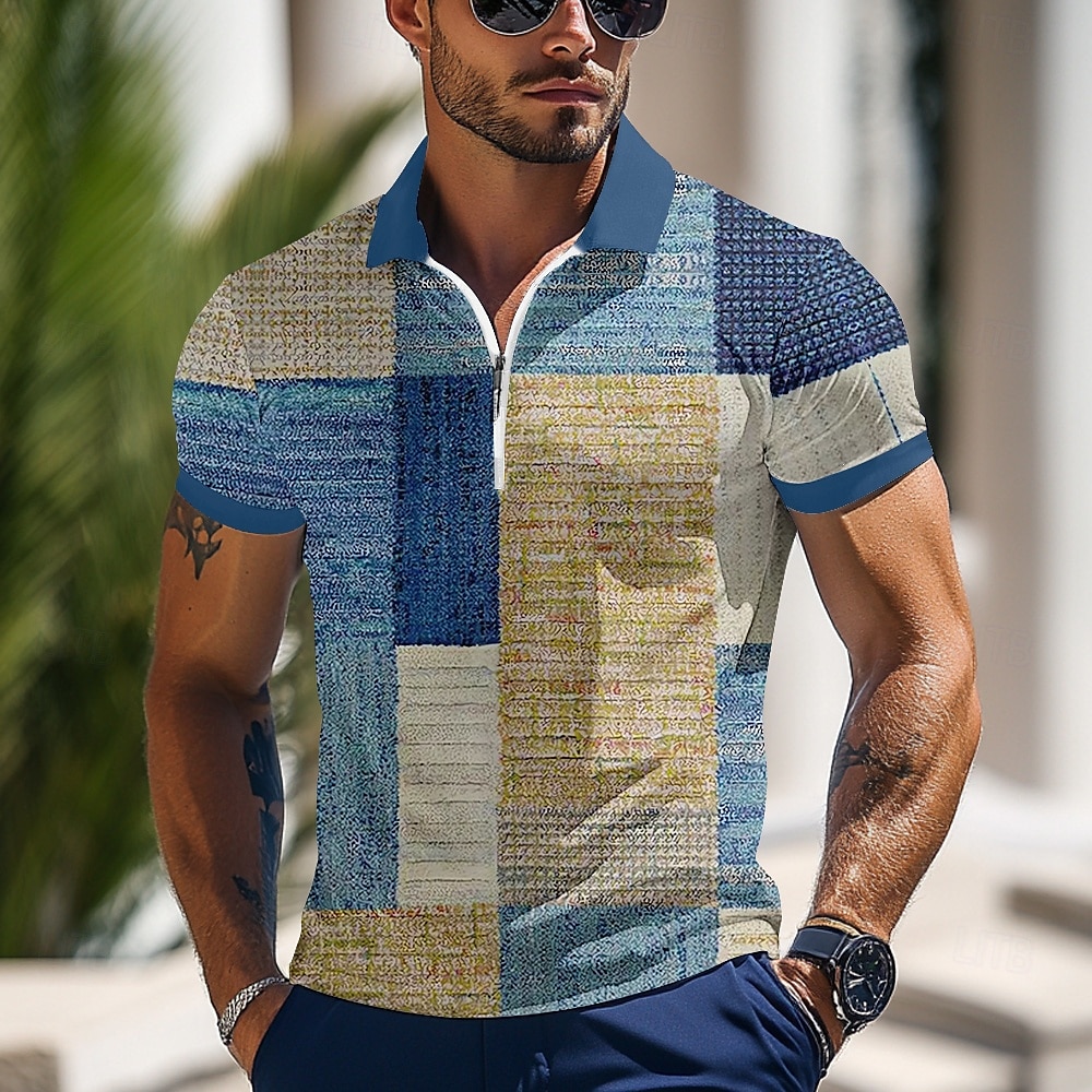 Herr Färgblock Pikétröjor med dragkedja Kortärmad Polotröjor Kavajslag Business Casual Utomhus Fritids- 3D-utskrift Sommar Blå Grön Grå 2025 - $20.99 –P1