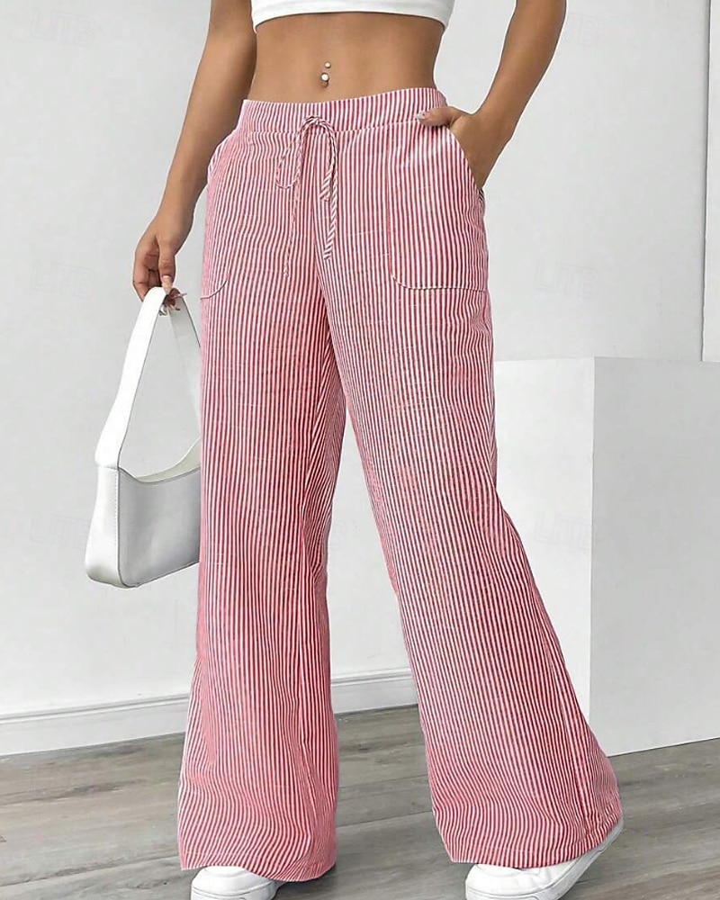 Femmes Jambe large Slacks Streetwear Occasionnel Longueur complète Naturel Rayé Avec Poches Conception à cordon élastique Extérieur Confortable Fête Décontracté Quotidien Magenta Bleu ciel clair Gris de 2025 ? $17.99 –P12
