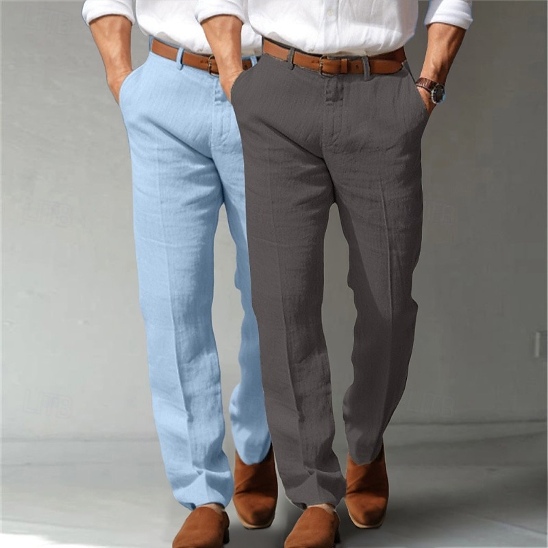 Bărbați Costume Pantaloni de in Pantaloni Pantaloni de vară Buzunar frontal Picior drept Simplu Confort Respirabil Lungime totală Oficial Afaceri Concediu Modă De Bază Negru + Gri deschis Albastru 2025 - AU $55.19 –P12