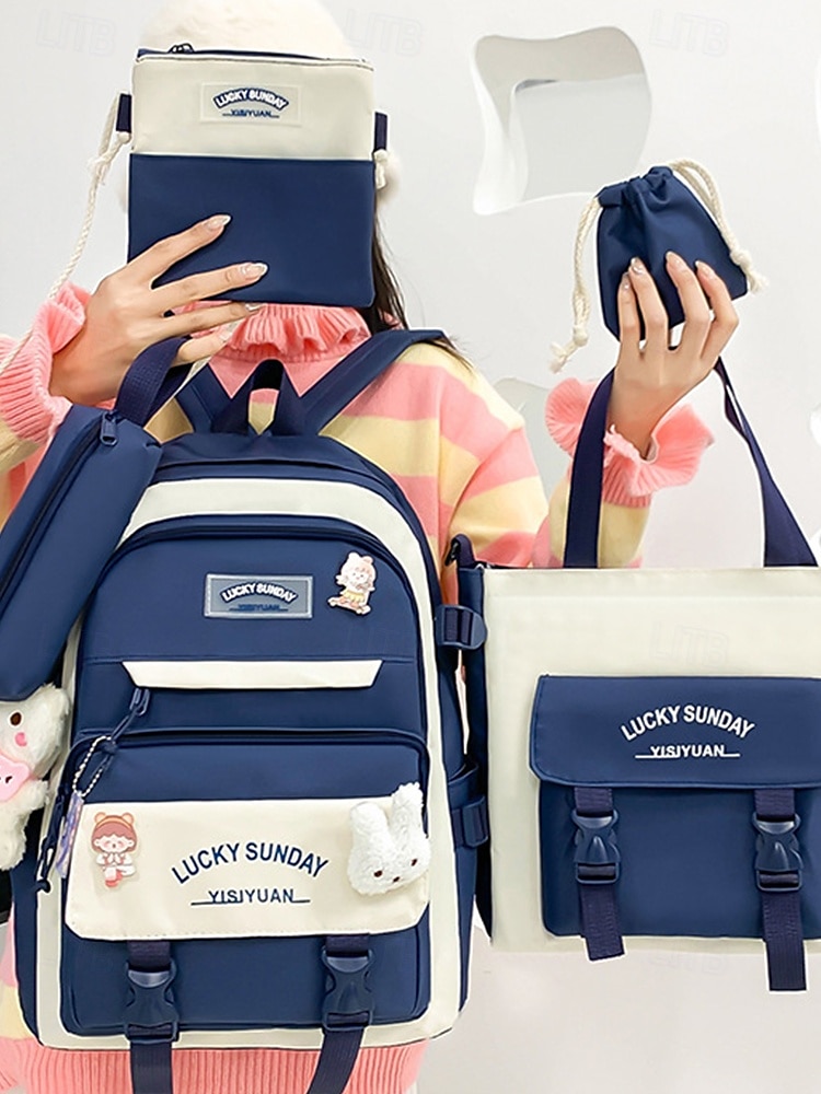 5-i-1 skolryggsäcksset med plyschberlocker, lätt nylon, kawaii-stil, för flickor och tonåringar, perfekt för skolan och dagligt bruk 2025 - $26.99 –P2