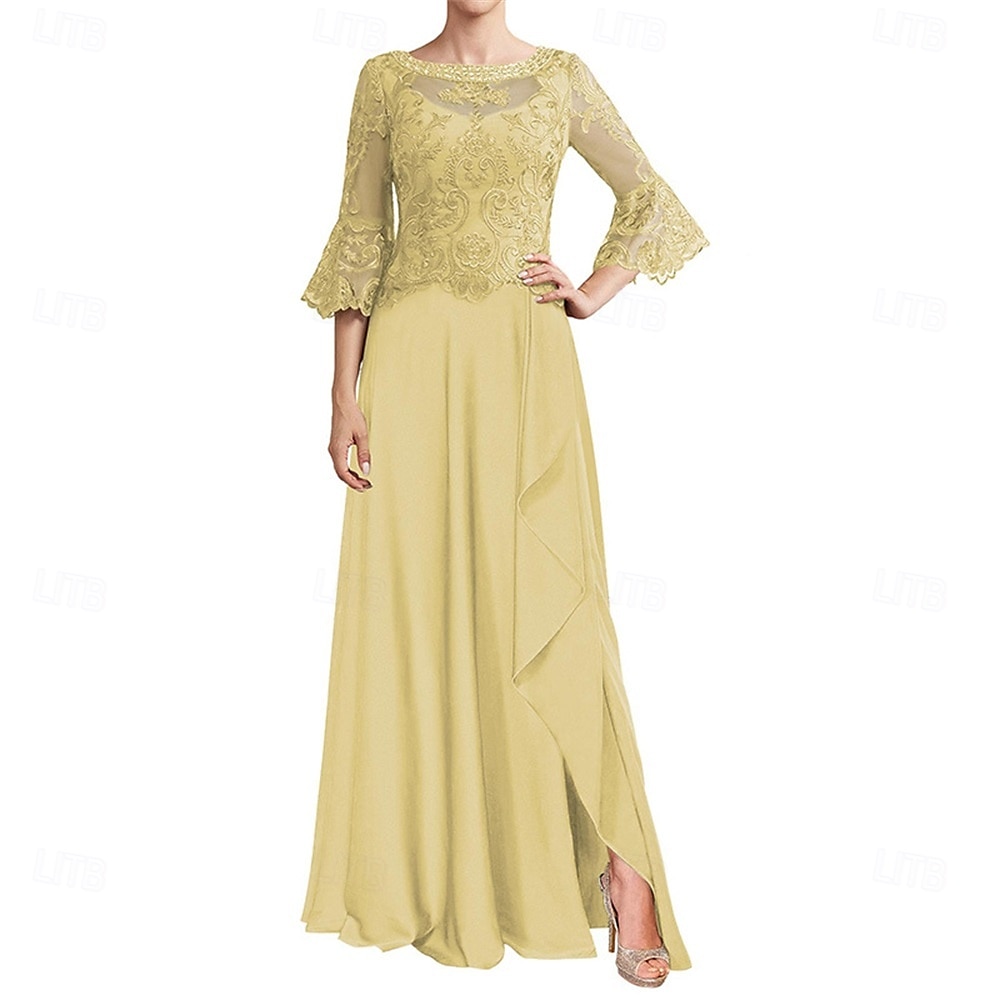 A-Line Mother of the Bride Dress Elegant Crew Neck Floor Length Chiffon Long Sleeve with Solid Color 2025 - $119.99 –P4