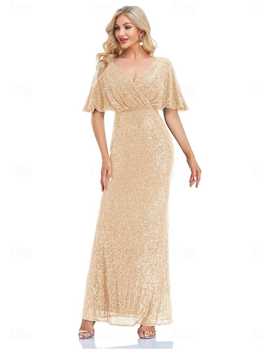 Abiti da festa per quindici anni sirena  tromba abito elegante formale da matrimonio lunghezza a terra maniche corte scollatura a V poliestere con glitter del 2025 a $99.99 –P10