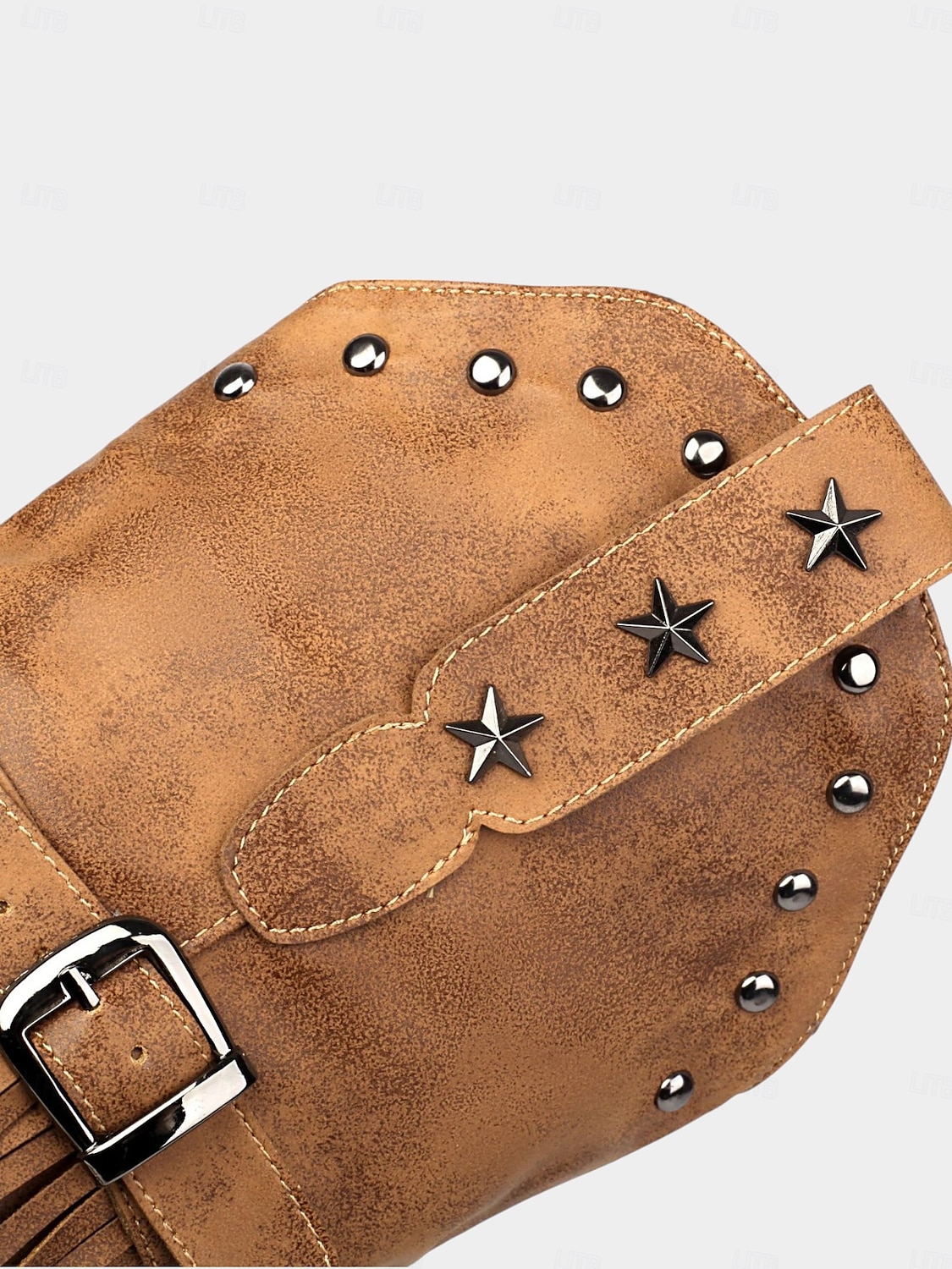 női western rojtos cowboy csizma - barna művelúr csillagszegecses, középvádárig érő csizma csattal rodeóhoz, country koncertekhez vagy őszi fesztiválokhoz 2025 - $64.99 –P7