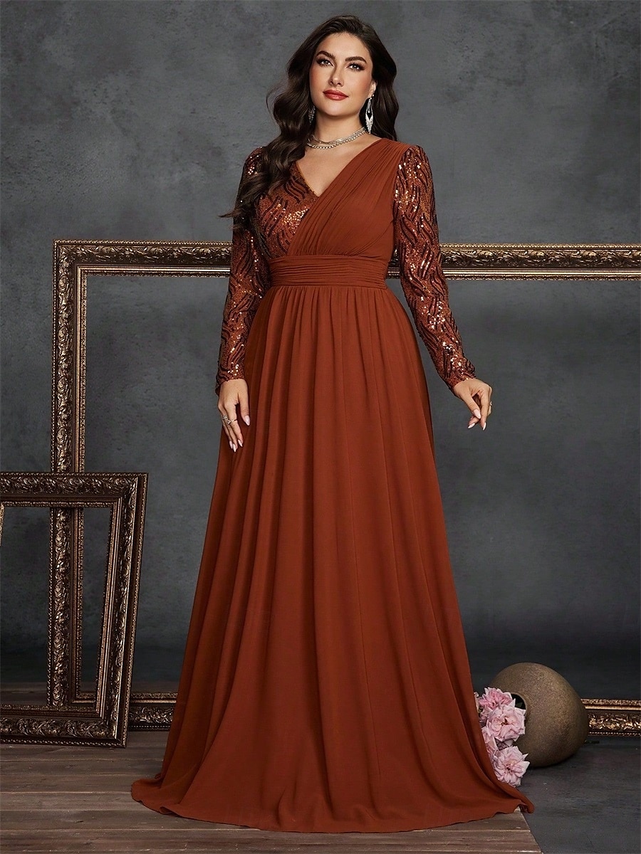 A-Line Plus Size Dresses Elegant Curve Dress Formal Wedding Floor Length Long Sleeve V Neck Chiffon with Sequin 2025 - $119.99 –P24