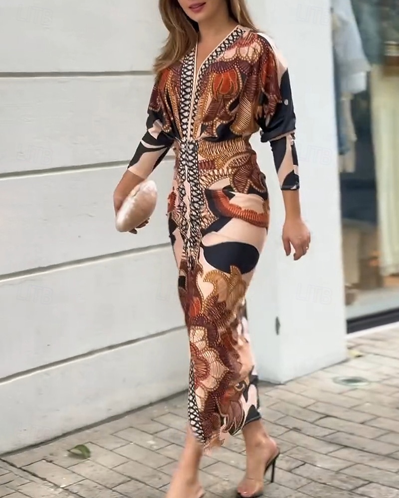 Femmes Robe Midi Robe Portefeuille Vacances Occasionnel Boho Extérieur Sortir Plage Coupe Ample Fleuri Graphique Paisley manche longue Col en V Orange Été Printemps de 2025 ? $41.99 –P7