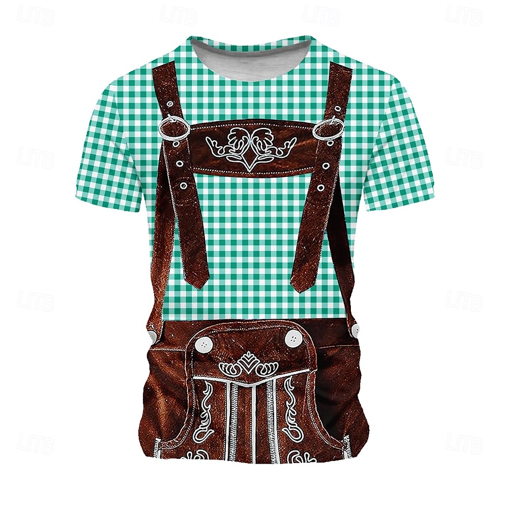 Oktoberfest Voor heren Ruitjes Duitsland dirndls T-shirt Korte mouw T-shirt 3D-afdrukken Strakke ronde hals Overhemd Vakantie overdreven Ontwerper Carnaval Feest Licht Blauw Blauw 1# Blozend Roze 2025 - $15.99 –P4