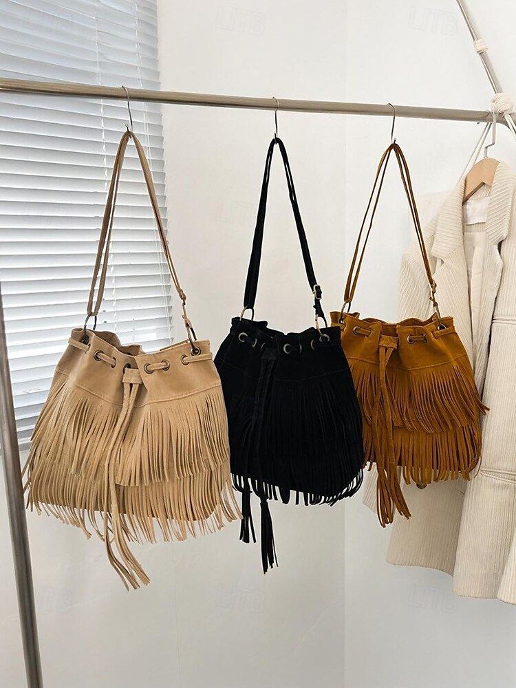 damska torebka typu wiaderko ze sztucznego zamszu z frędzlami – boho torebka typu crossbody ze ściągaczem na niezobowiązujące wyjścia, festiwale i codzienne noszenie 2025 - $18.99 –P4