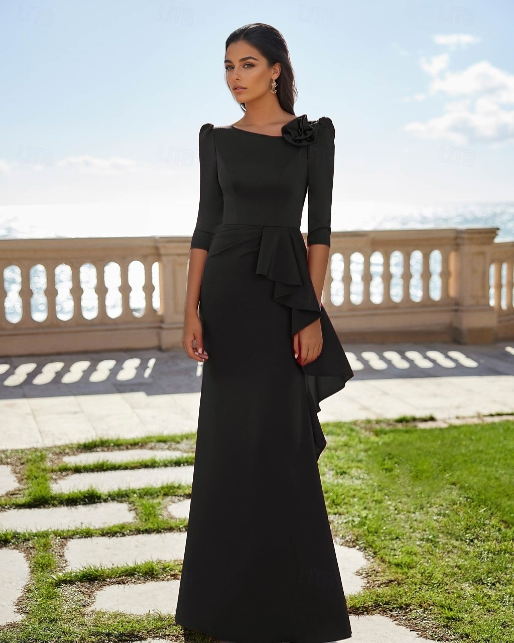 rot-grünes A-Linien-Abendkleid, elegantes Kleid für formelle Hochzeitsgäste, bodenlang, 3/4-Ärmel, U-Boot-Ausschnitt, Tasche, Stretch-Satin mit Rüschen, 2025 2025 - $139.99 –P4