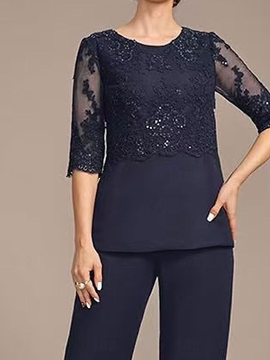 Completo da Madre della Sposa Elegante Vintage Collo Rotondo Lunghezza Caviglia Manica Mezza con Colore Solido del 2025 a $129.99 –P2