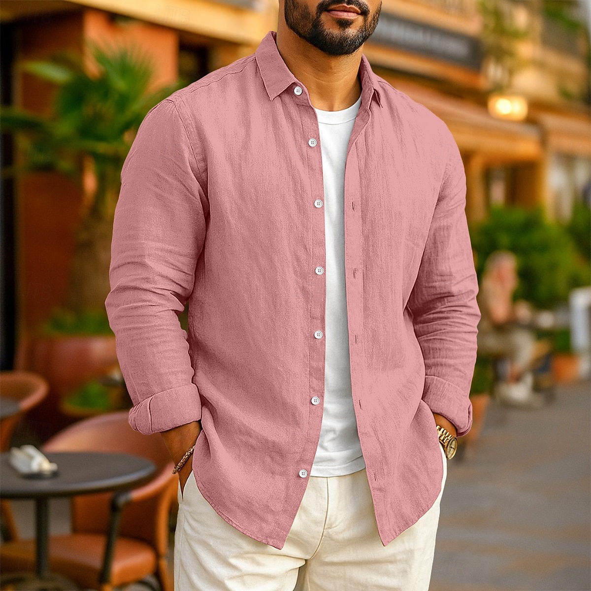 Herren Leinenhemd Sommerhemd Strandbekleidung Freizeithemd Knopfhemd Einfach Urlaub Lässig Schwarz Weiß Rosa Marineblau Langarm Revers N / A Bekleidung 2025 - $23.99 –P7