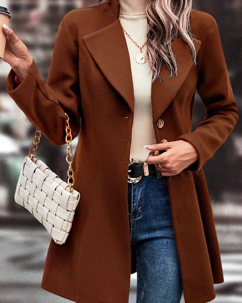 Damen Mantel Warm Bequem Knöpfe Mode Einfach Straße Ferien Einreihig Lang Umlegekragen Normale Passform Langarm Oberbekleidung Schwarz Aprikose Kaffee Herbst Winter 2025 - $27.99 –P2