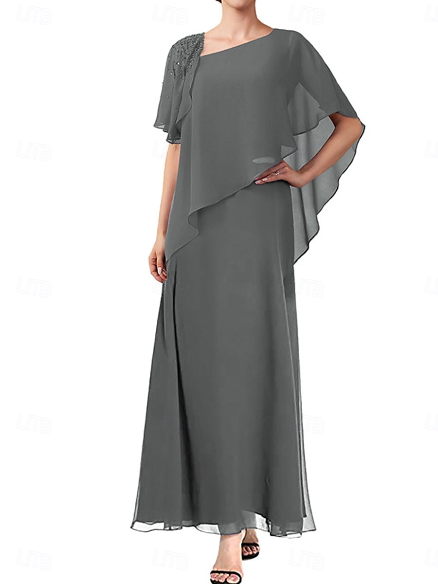 A-Line Mother of the Bride Dress Elegant Simple Square Neck Ankle Length Chiffon Short Sleeve with Solid Color 2025 - $109.99 –P7