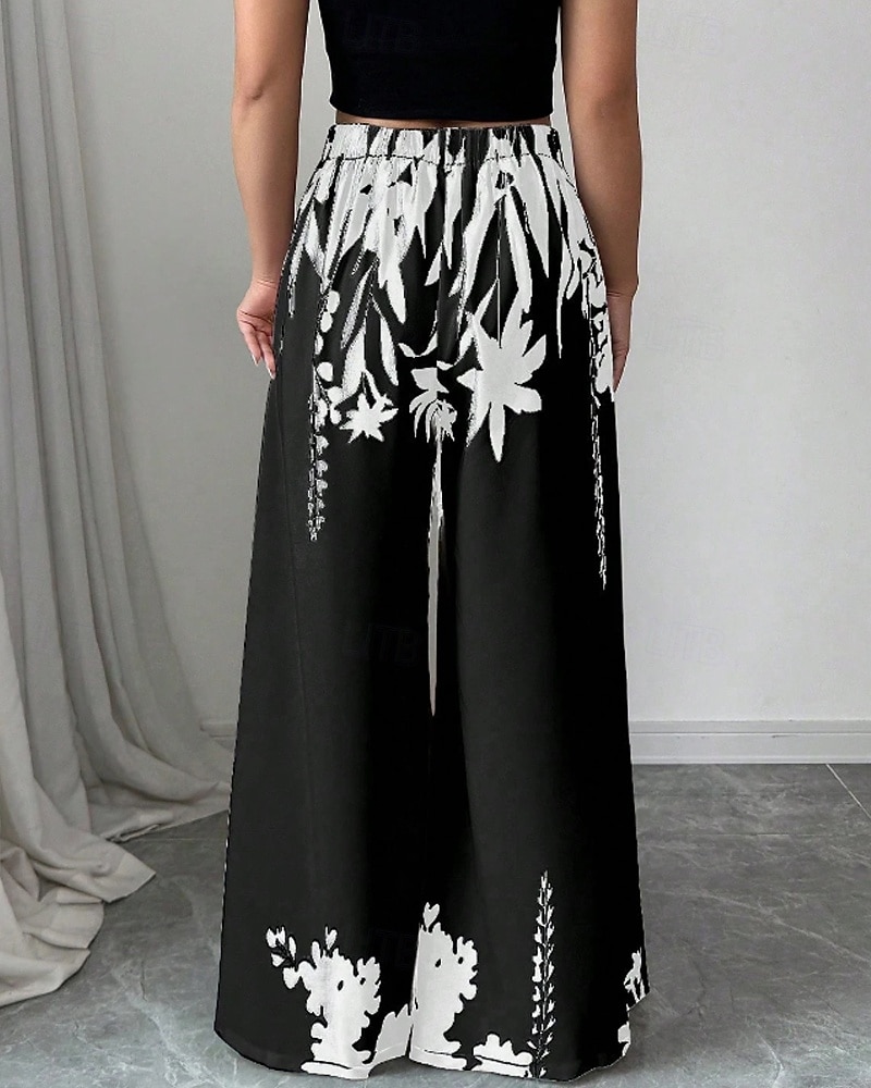 Women's Wide Leg Slacks Streetwear Casual Full Length Natural Flower Elastic Waist Printing Comfy Outdoor Comfortable Holiday Weekend Black White Fall Regular Fit 2026 - $24.99 –P6