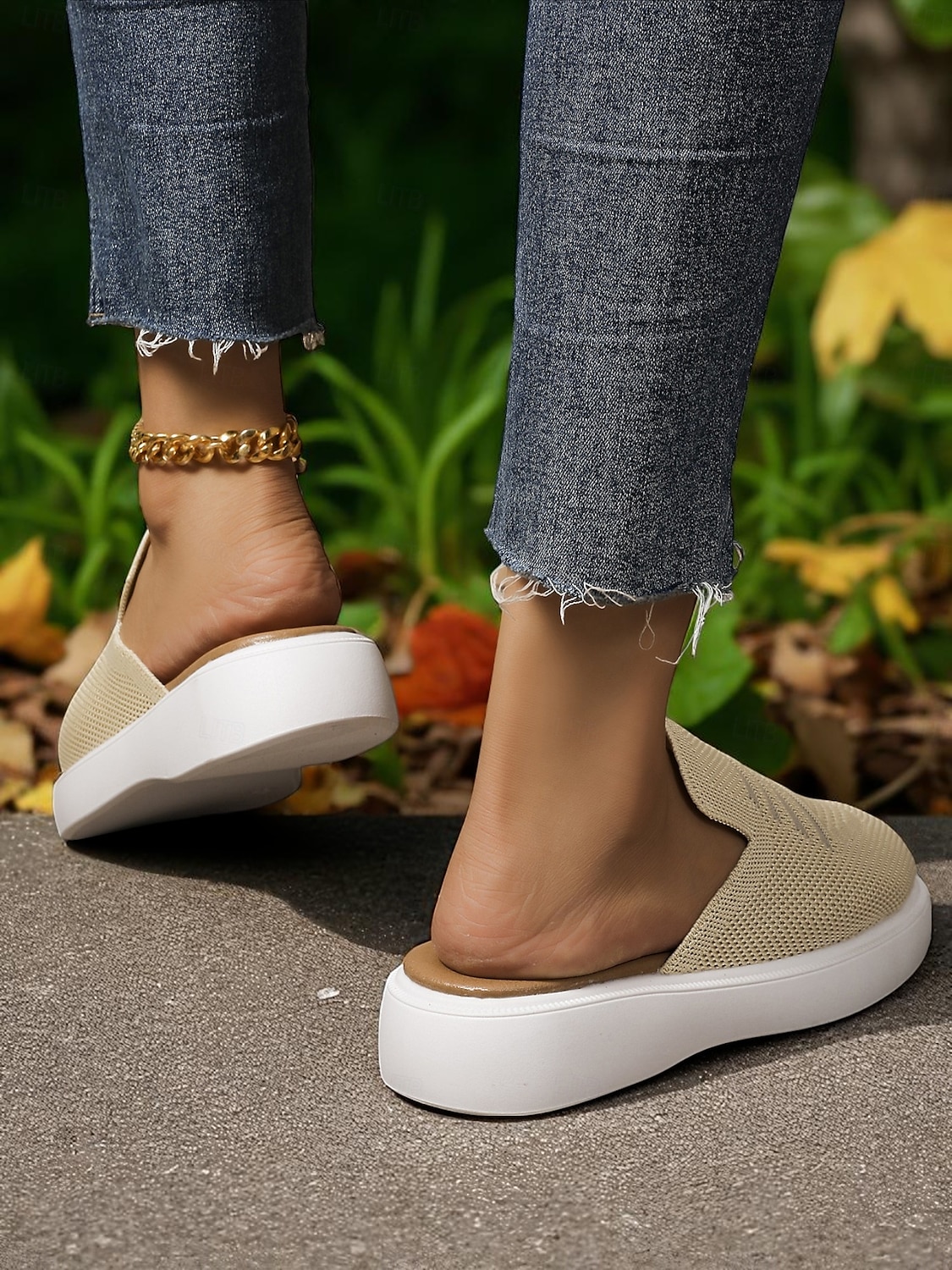 Women's Beige Flyknit Slip-On Mules– Lightweight Breathable Walking Shoes for Park Strolls, Travel & Autumn Errands 2025 - $24.99 –P6