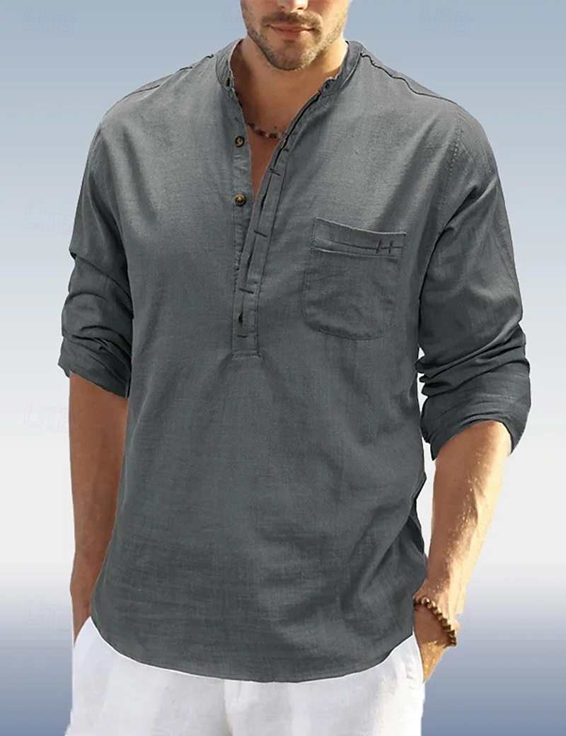 Per uomo Camicia Camicia di lino Camicia con colletto alla coreana Camicia popover Camicia Estiva Abbigliamento da spiaggia Semplice Vacanza Quotidiano Nero Bianco Blu marino Verde Manica Lunga Henley del 2025 a $22.99 –P1