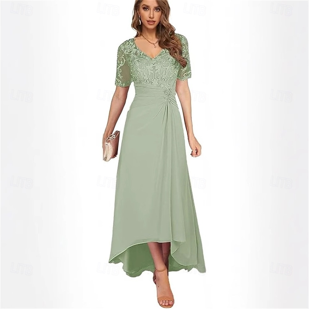 A-Linie Mutter der Braut Kleid Elegantes Einfaches V-Hals asymmetrisches Chiffon Kurzarm mit einfarbig 2025 - $119.99 –P4