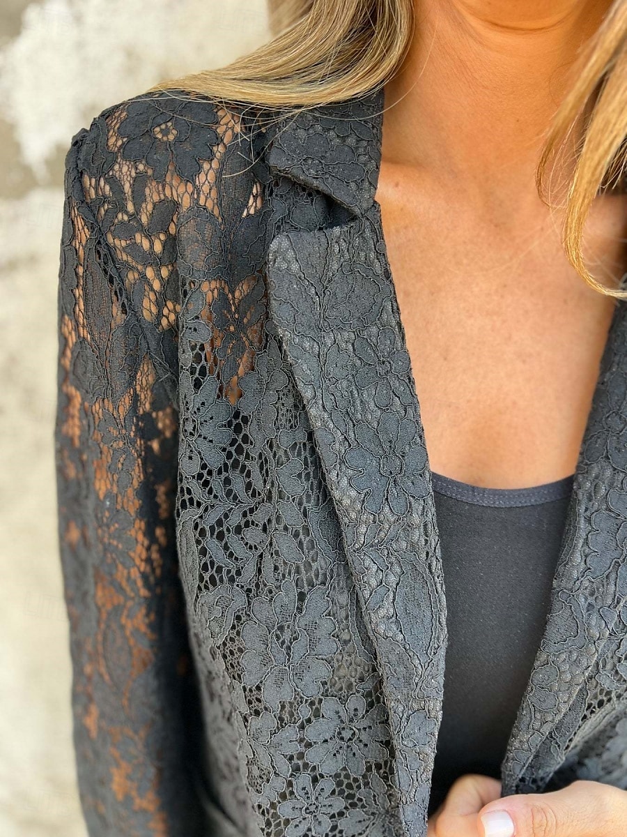 Mujer chaqueta Transpirable Cómodo Encaje Retazos Casual Plano Oficina Calle Casual Ropa Cotidiana Frente Abierto Regular Cuello Vuelto Ajuste regular Manga Larga Ropa de calle Negro Blanco Verano 2025 - $32.99 –P6