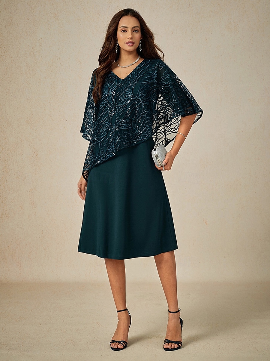 A-Linie Brautmutterkleid Elegant V Ausschnitt Knielang Spitze Halbarm mit Spitze Einfarbig 2025 2025 - $99.99 –P3