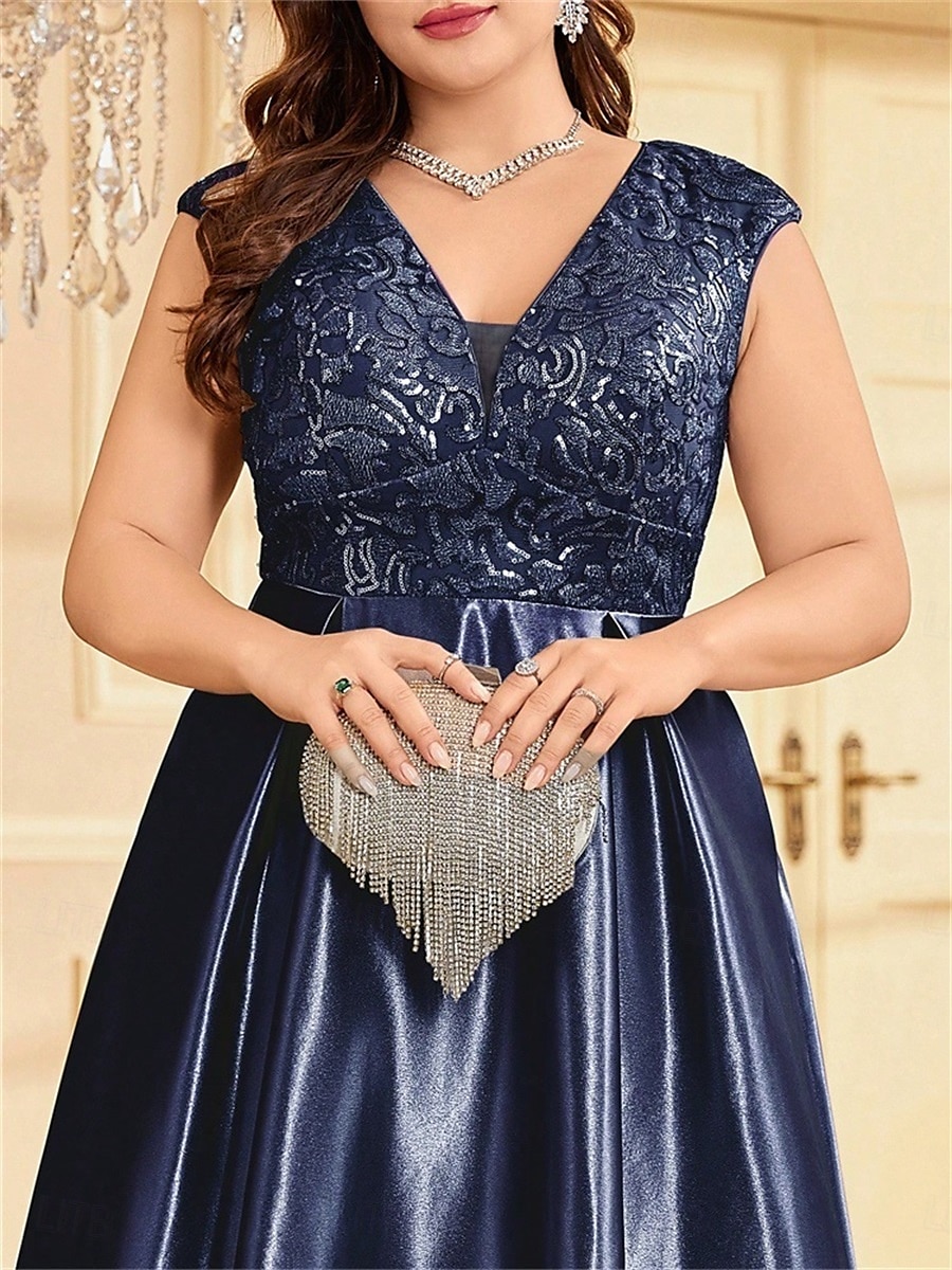 Robe A-Line Grande Taille Élégante Robe Courbe De Mariage Formelle Longue Au Sol Manches Courtes Col en V Satin Dos Nu Avec Plis 2025 de 2025 ? $119.99 –P21
